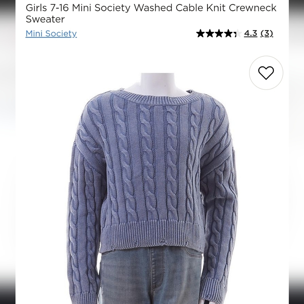 Mini Society Girls' Cable-Knit Distressed Crewneck Sweater Blue Sz M Cotton